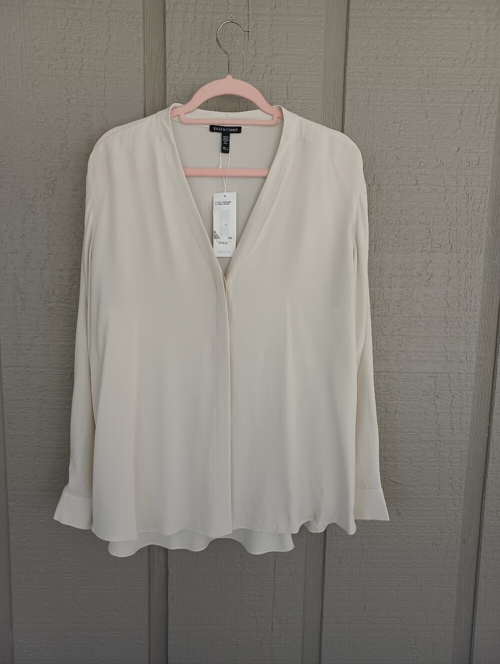 Eileen Fisher Women Silk Top Size L V Neck Long Sleeve Quiet Luxury In Plaster